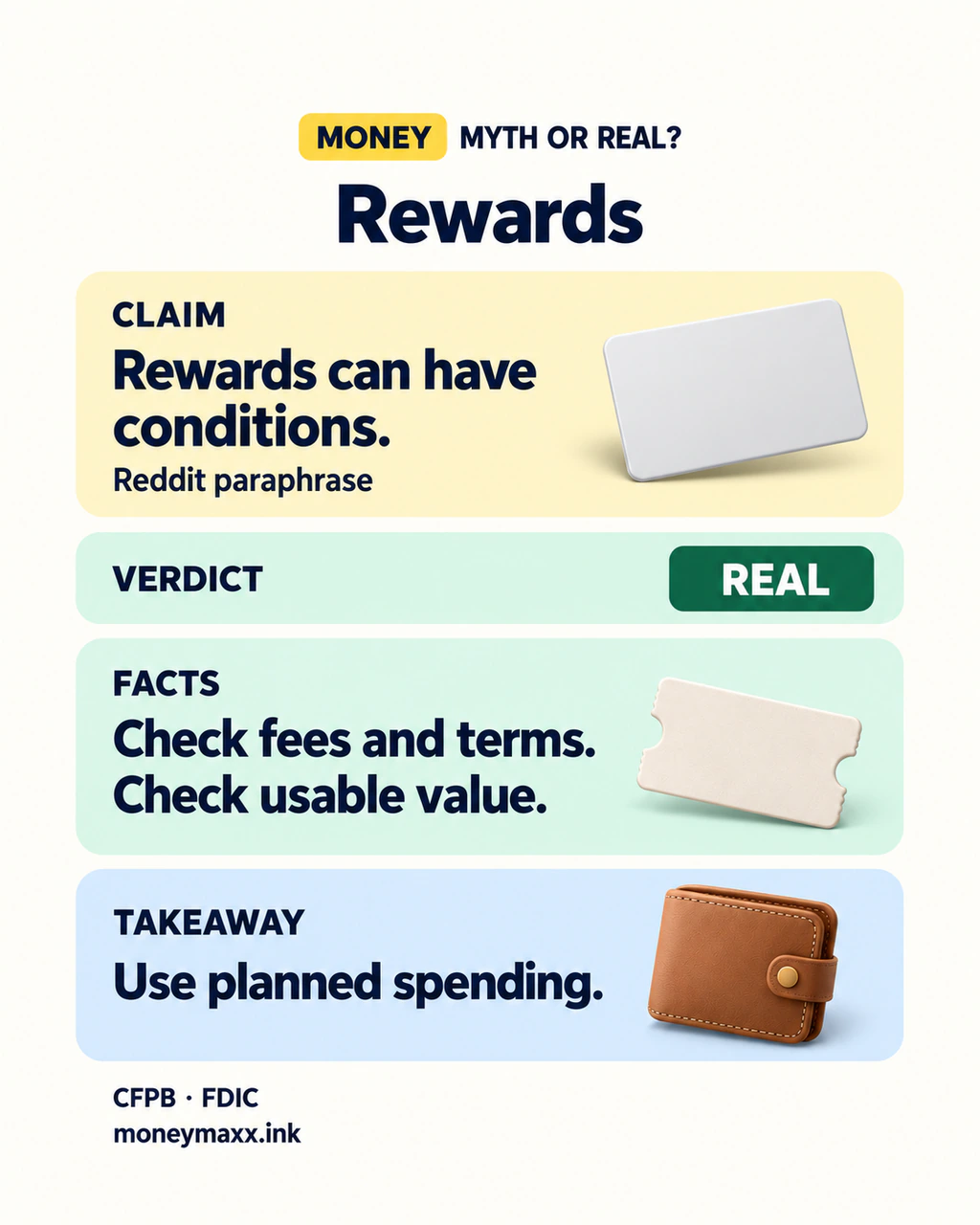 Myth or Real: rewards can have conditions. Real. Check fees and terms, check usable value and use planned spending.