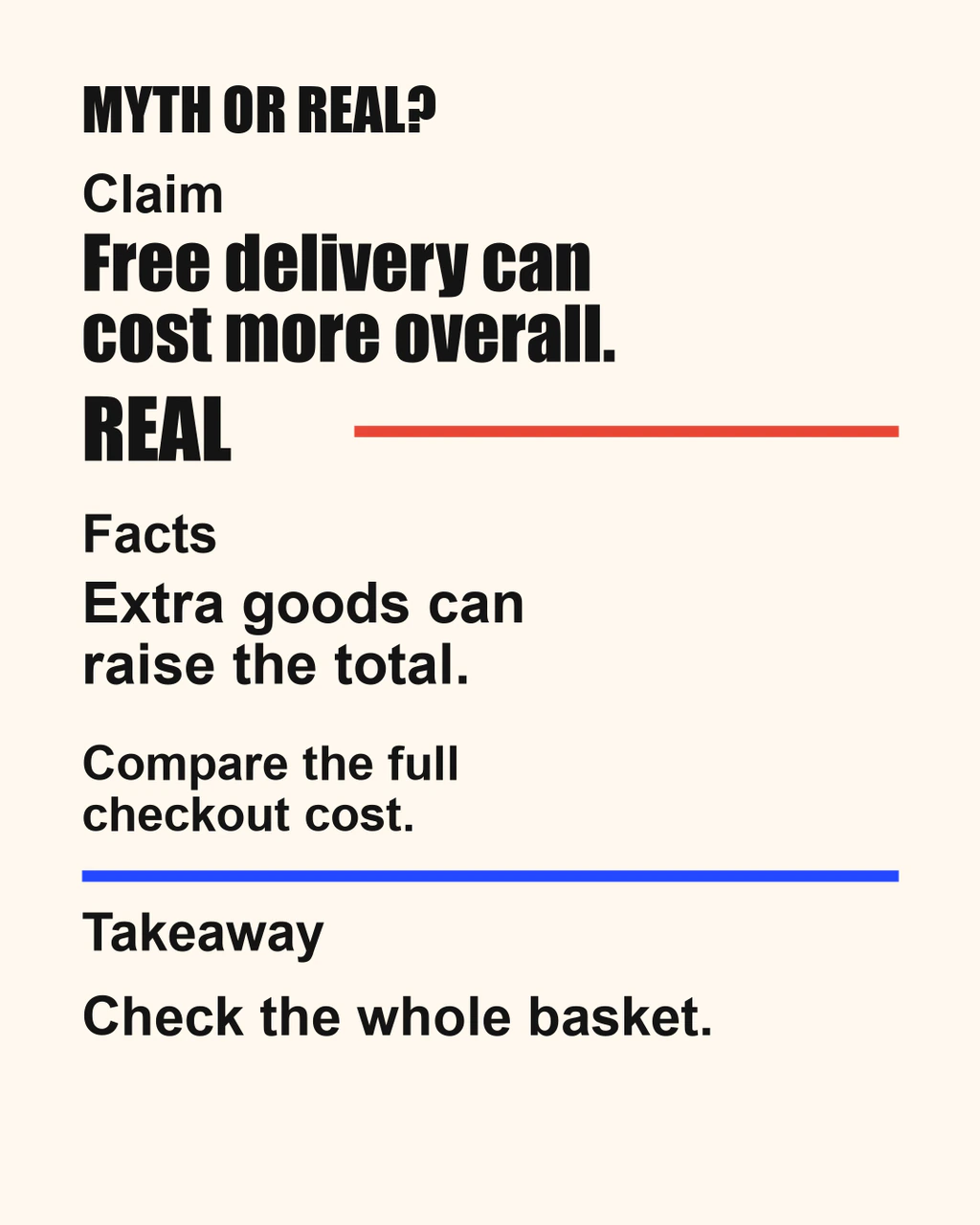 Myth or Real: free delivery can cost more overall. REAL: extra goods can raise the total. Compare the complete checkout cost and useful goods.