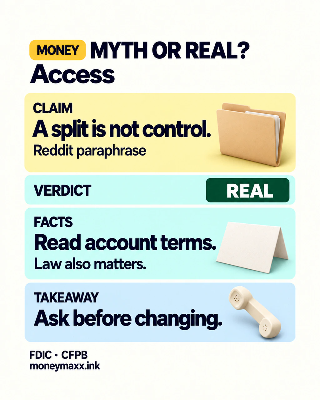 Myth or Real: a split is not control. Real: read account terms. Law also matters. Ask before changing.