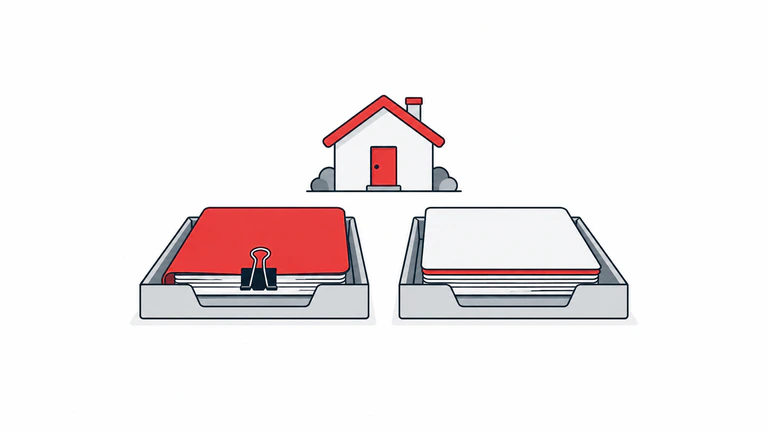 A generic house sits above two equal document trays, introducing questions about an existing mortgage recast and a replacement refinance loan.