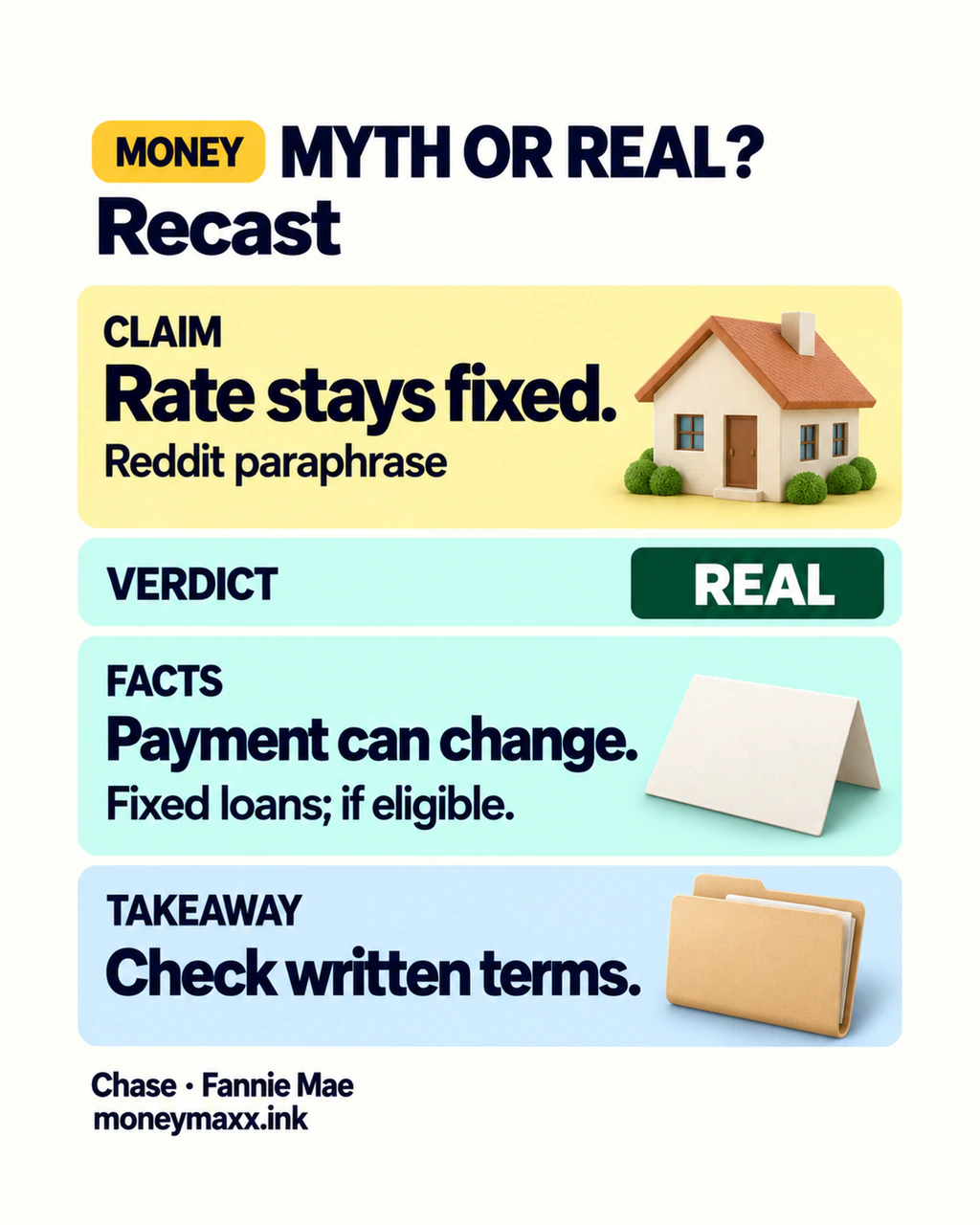 Myth or Real: rate stays fixed. Real: payment can change. Fixed loans; if eligible. Check written terms.