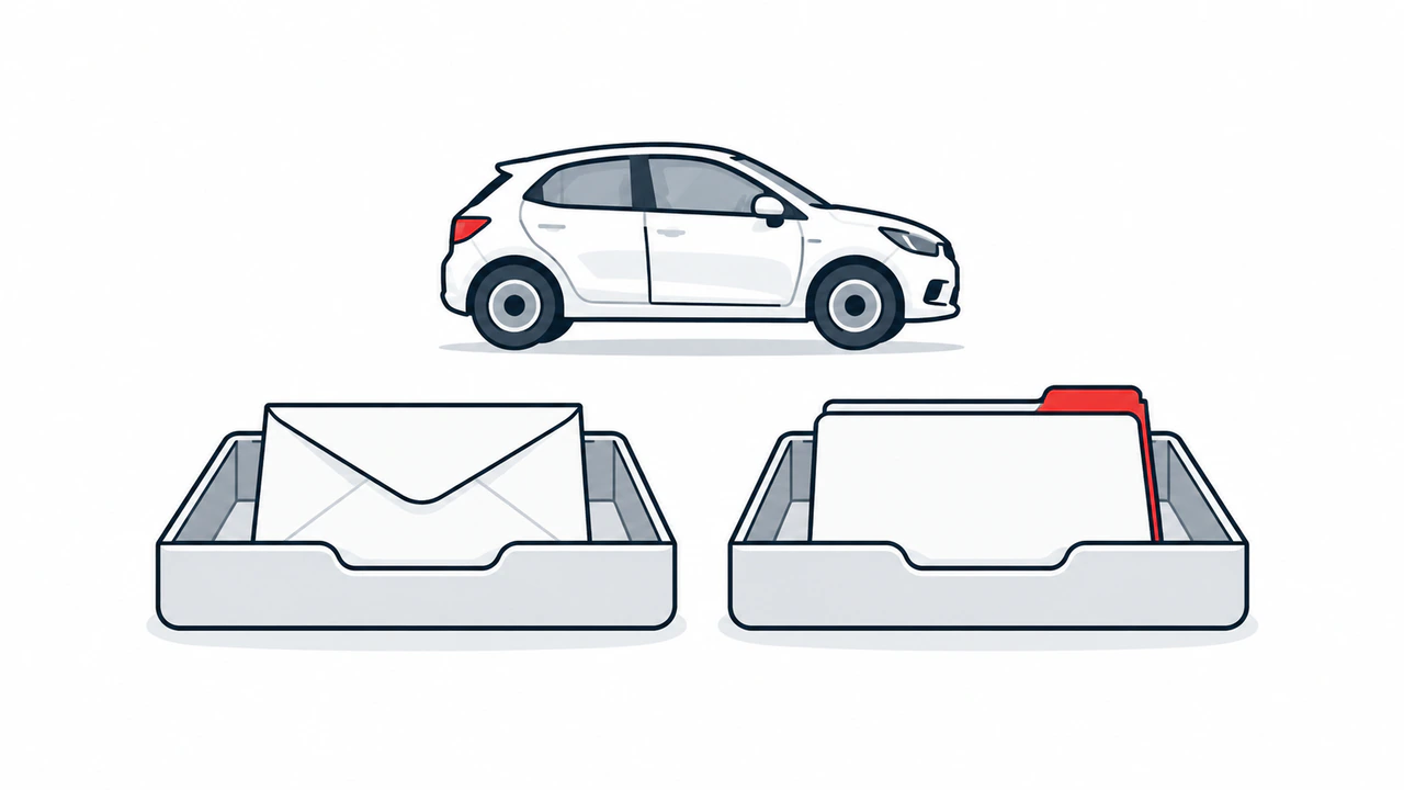 A generic compact-car silhouette sits above two equal trays holding a closed blank envelope and a closed blank folder, introducing saving and financing questions.