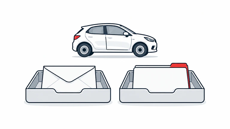 A generic compact-car silhouette sits above two equal trays holding a closed blank envelope and a closed blank folder, introducing saving and financing questions.