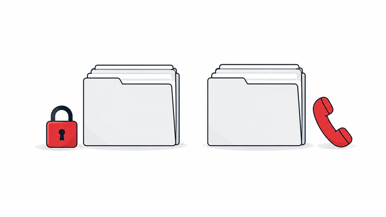 Two equal blank report folders sit beside a small padlock and a telephone handset, illustrating access control and verification contact.