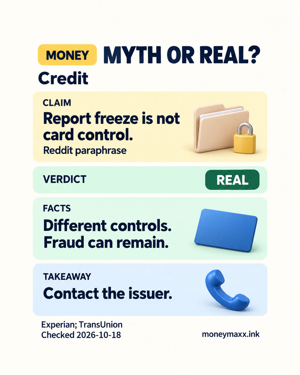 Myth or Real: a credit-report freeze is not card transaction control. Real: existing-account fraud remains possible; contact the financial institution.