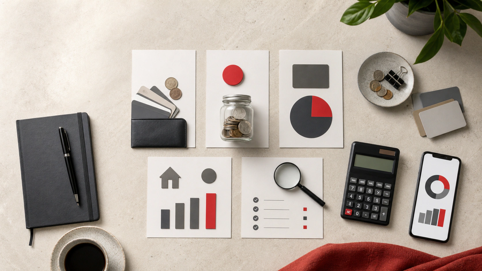 Overhead finance desk with credit cards, an emergency-savings jar, calculator, notebook, and comparison charts
