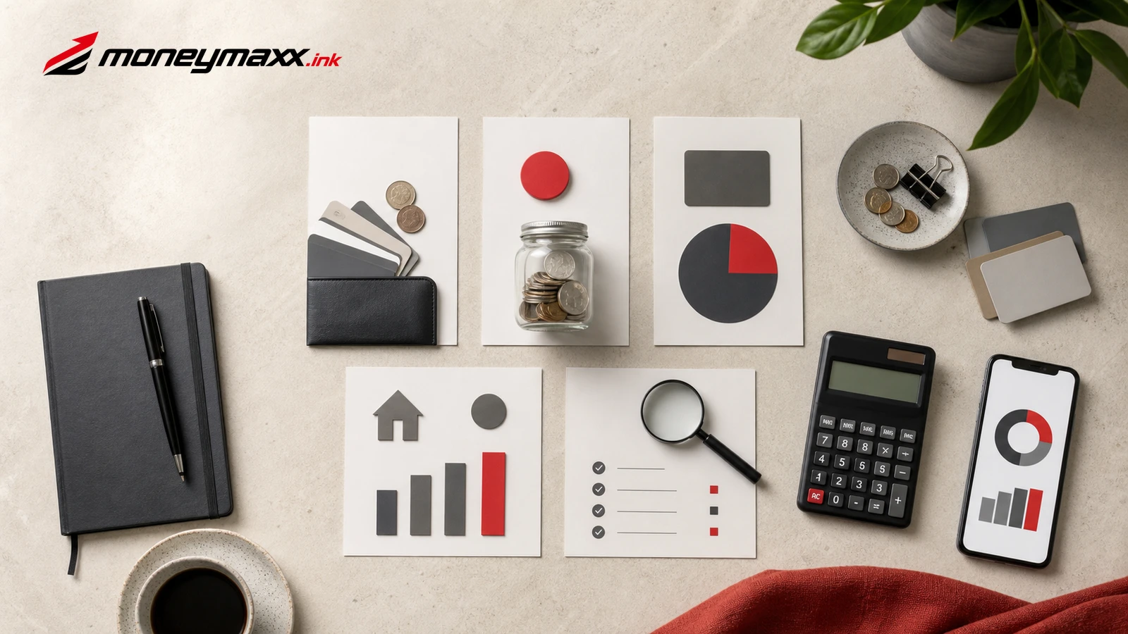 Overhead money-planning desk with savings jar, wallet, calculator, charts, checklist, and moneymaxx.ink logo